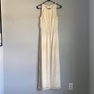 Cream Lace Maxi Dress with Cinched Waist